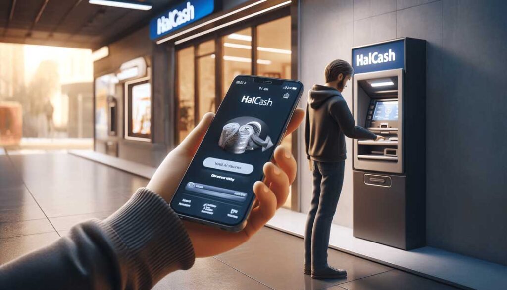 Uso de Halcash para retirar dinero en un cajero automático, subrayando la innovación y conveniencia de pagos móviles